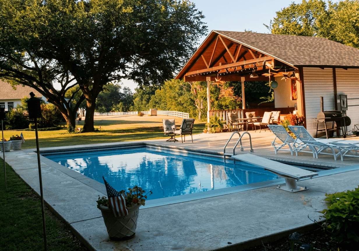 Rectangular backyard pool with diving board beside a covered wood-beam cabana in warm golden-hour light